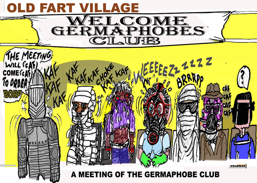 Cartoon: Old Fart Village | The Germaphobe Club | Elliot Feldman | Scene4 Magazine | April 2019- www.scene4.com